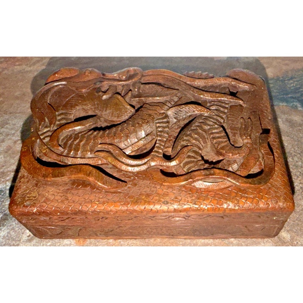 Vintage Hand Carved Wood Dragon Jewelry Trinket Box Bali Style 8.75 Inch